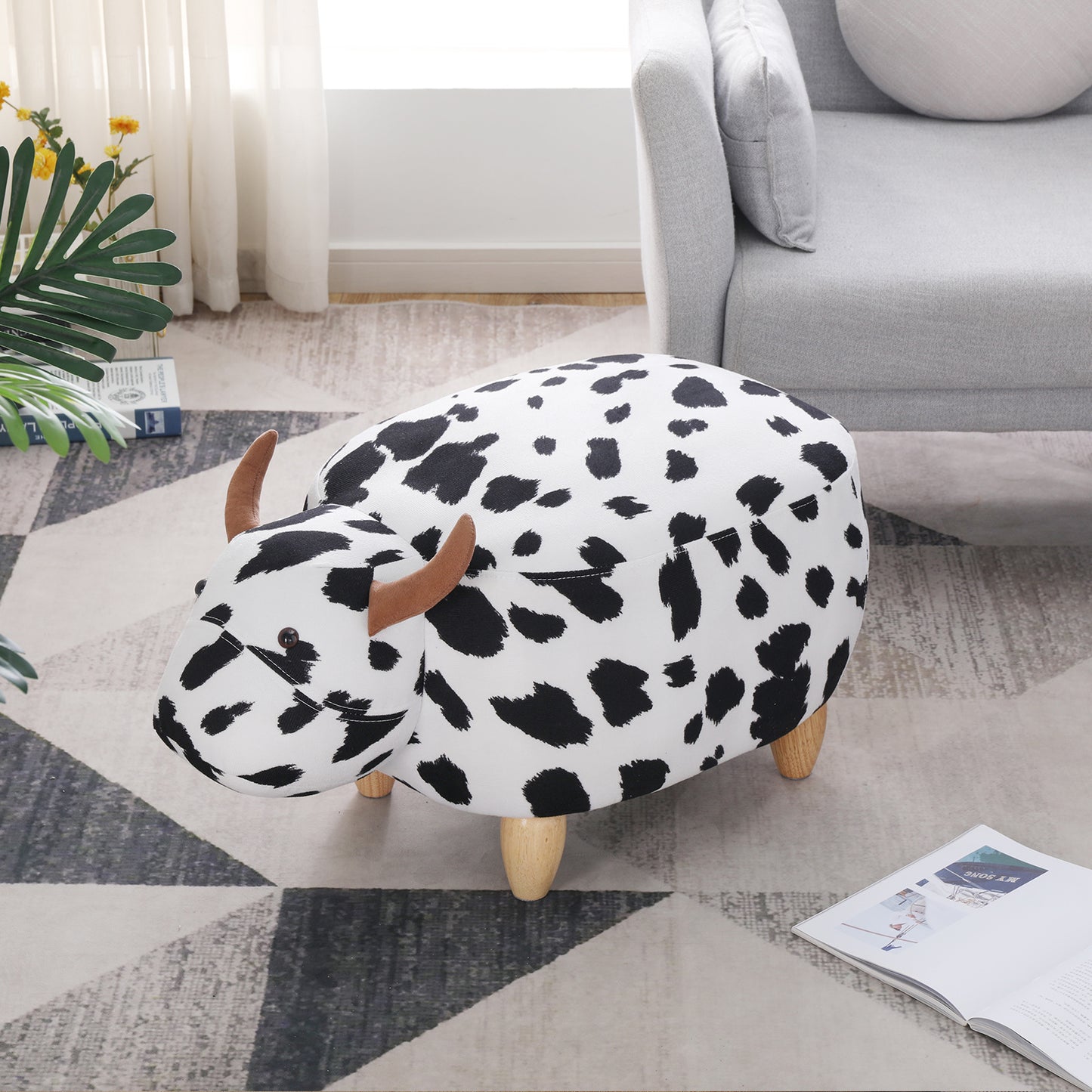 Animal storage stool for kids, ottoman bedroom furniture, cow style kids footstool, cartoon chair with solid wood legs, decorative footstool for office, bedroom, playroom, living room