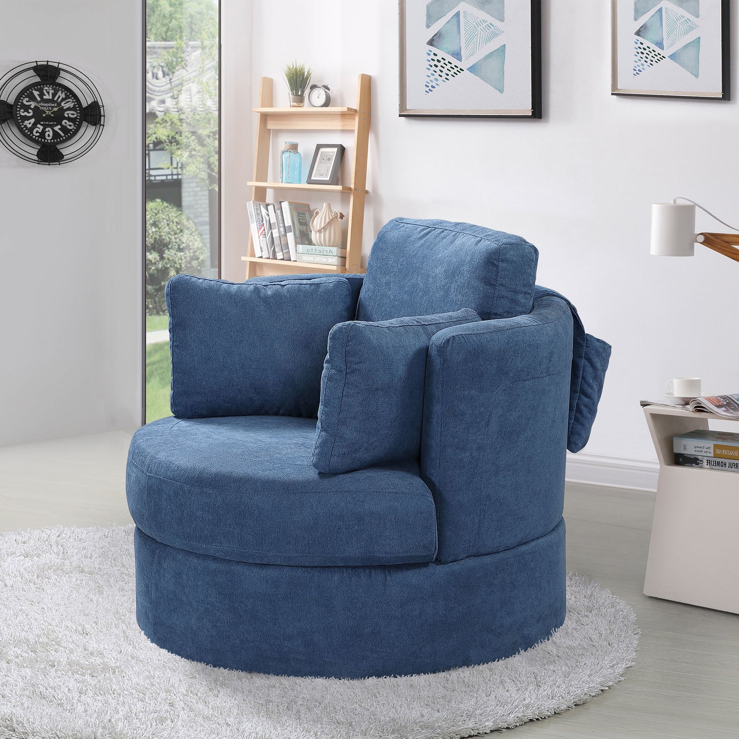 New Swivel Accent Barrel Modern Sofa Lounge Club Round Chair Linen Fabric for Living Room Hotel with 3 Pillows and storage