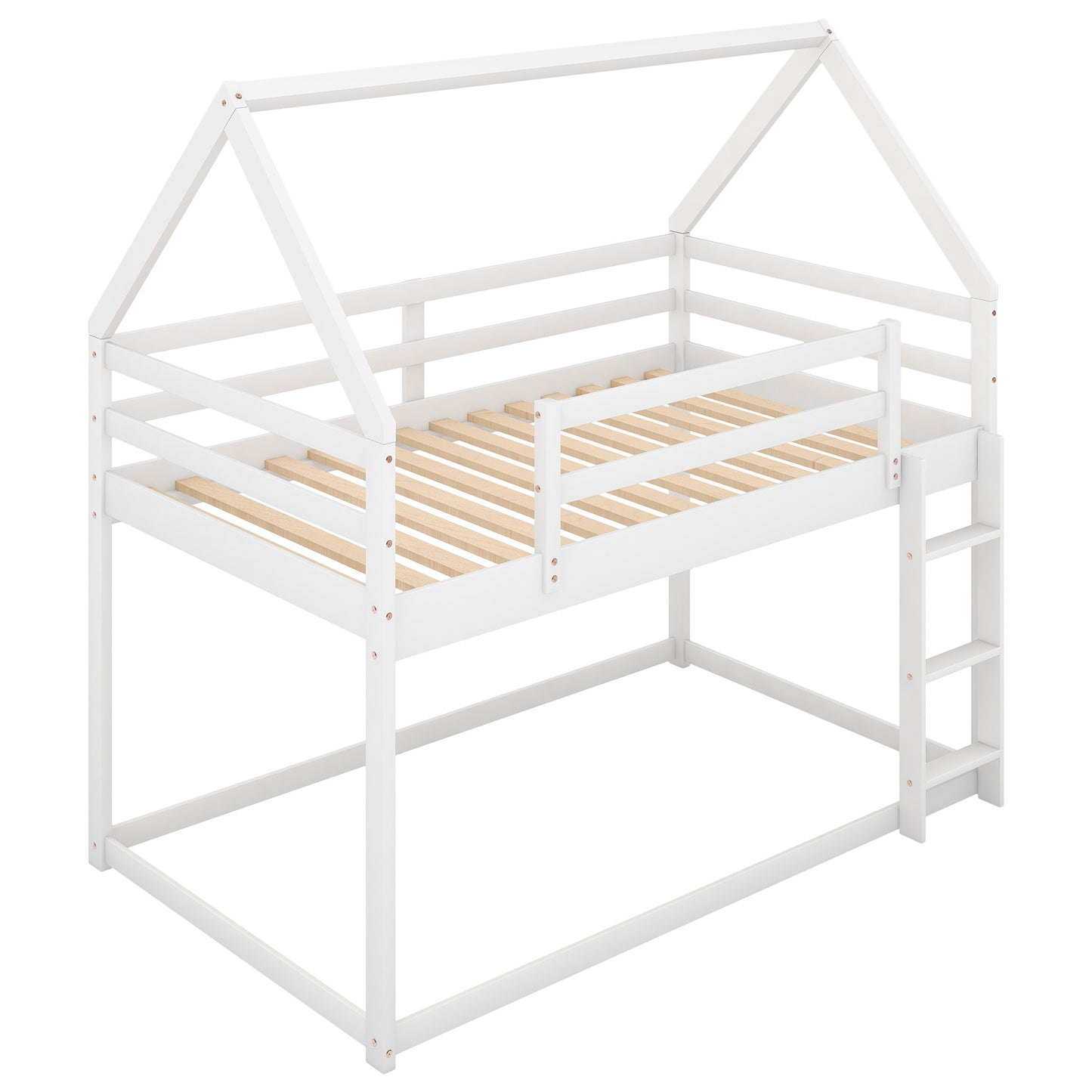 Twin over Twin Low Bunk Bed, House Bed with Ladder , White