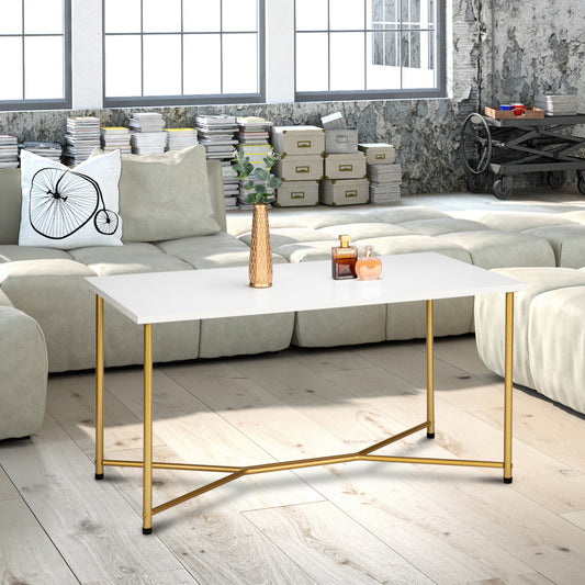 HODELY Single Layer 1.5cm Thick MDF White waterproof Square Tabletop Golden Table Legs Iron Coffee Table White