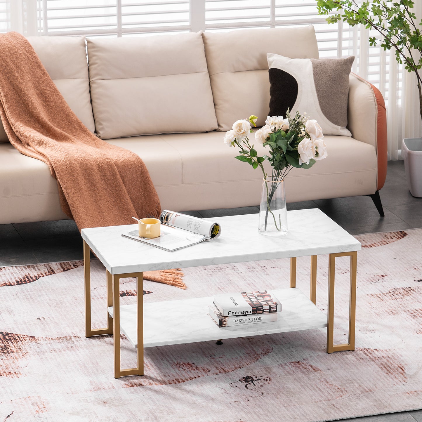 (106 x 50 x 48cm) Simple Double-layer Golden Iron Pipe Marble PVC Coffee Table Rectangular