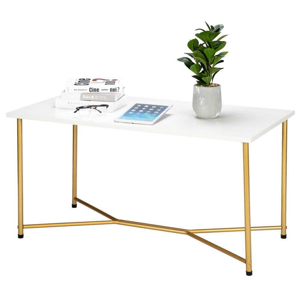 HODELY Single Layer 1.5cm Thick MDF White waterproof Square Tabletop Golden Table Legs Iron Coffee Table White