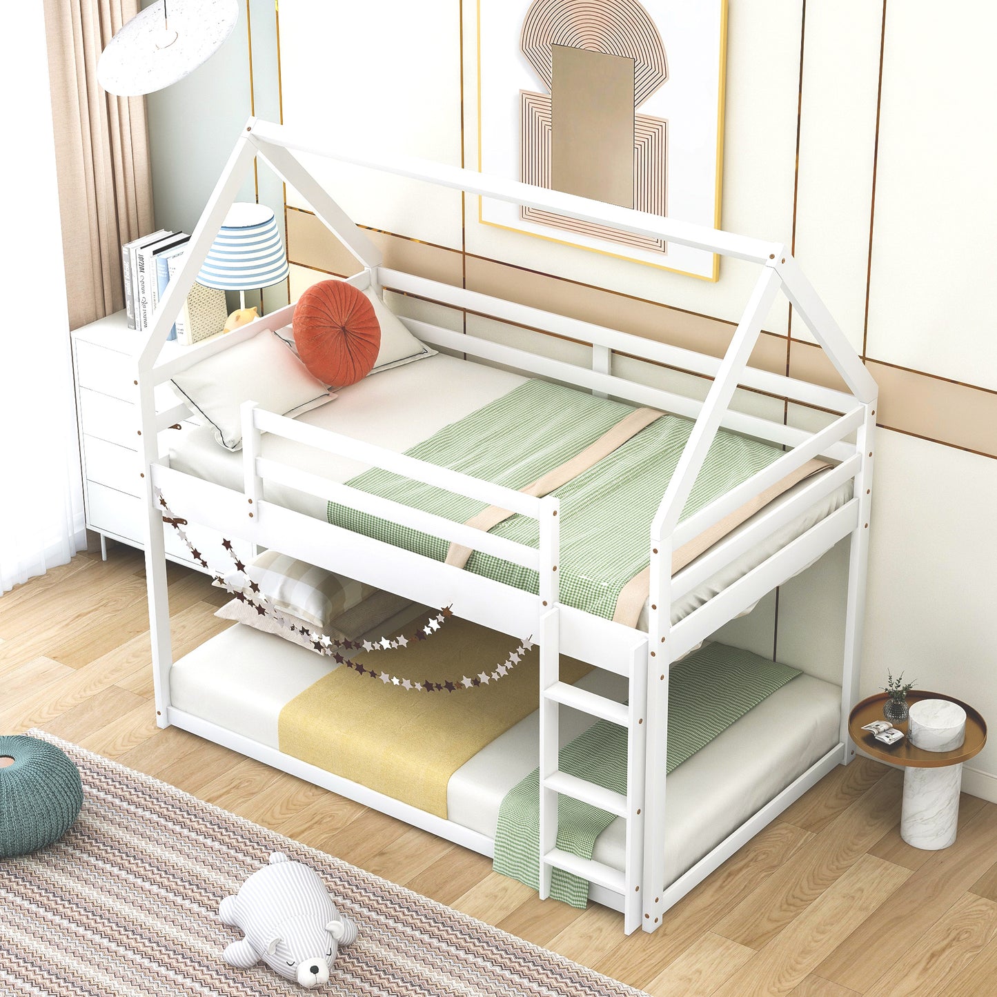 Twin over Twin Low Bunk Bed, House Bed with Ladder , White