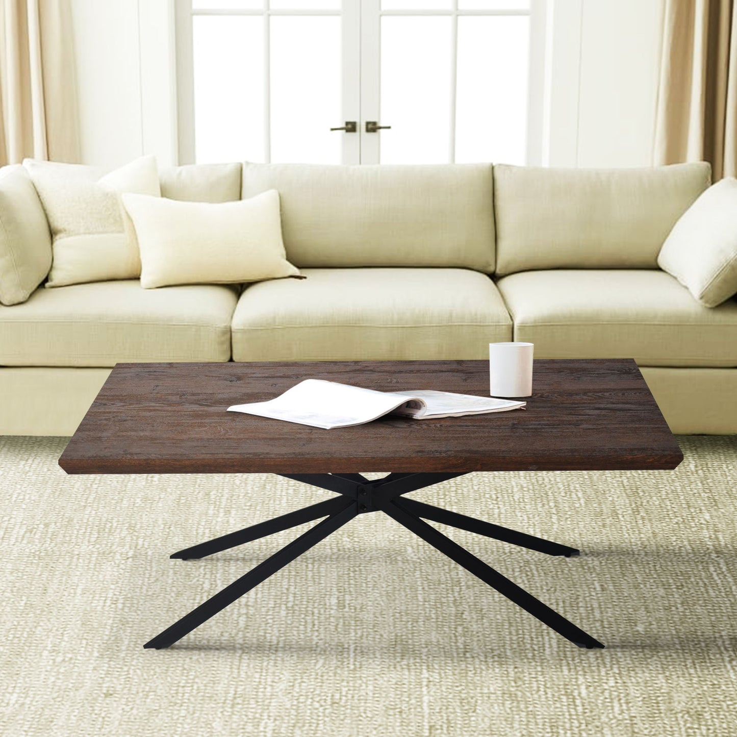 DunaWest Rectangular Wooden Coffee Table with Boomerang Legs, Natural Brown Sonoma and Black