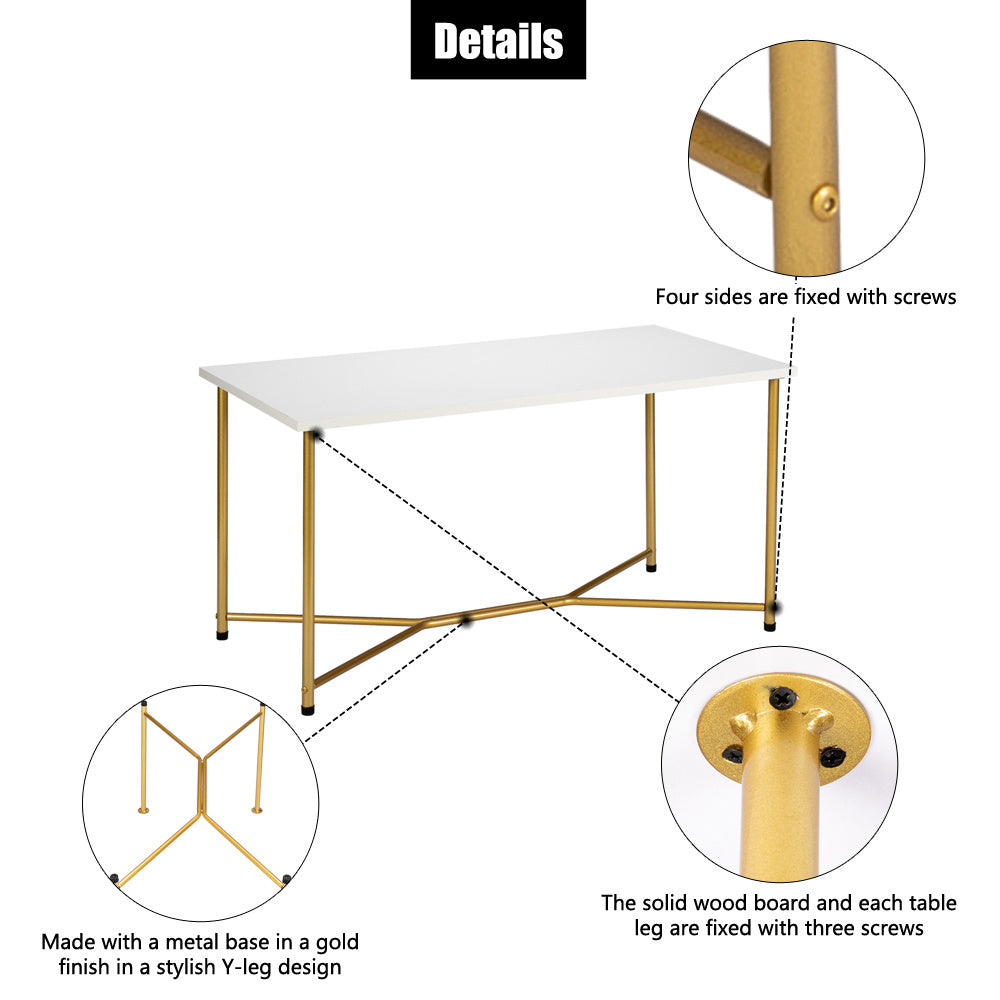 HODELY Single Layer 1.5cm Thick MDF White waterproof Square Tabletop Golden Table Legs Iron Coffee Table White