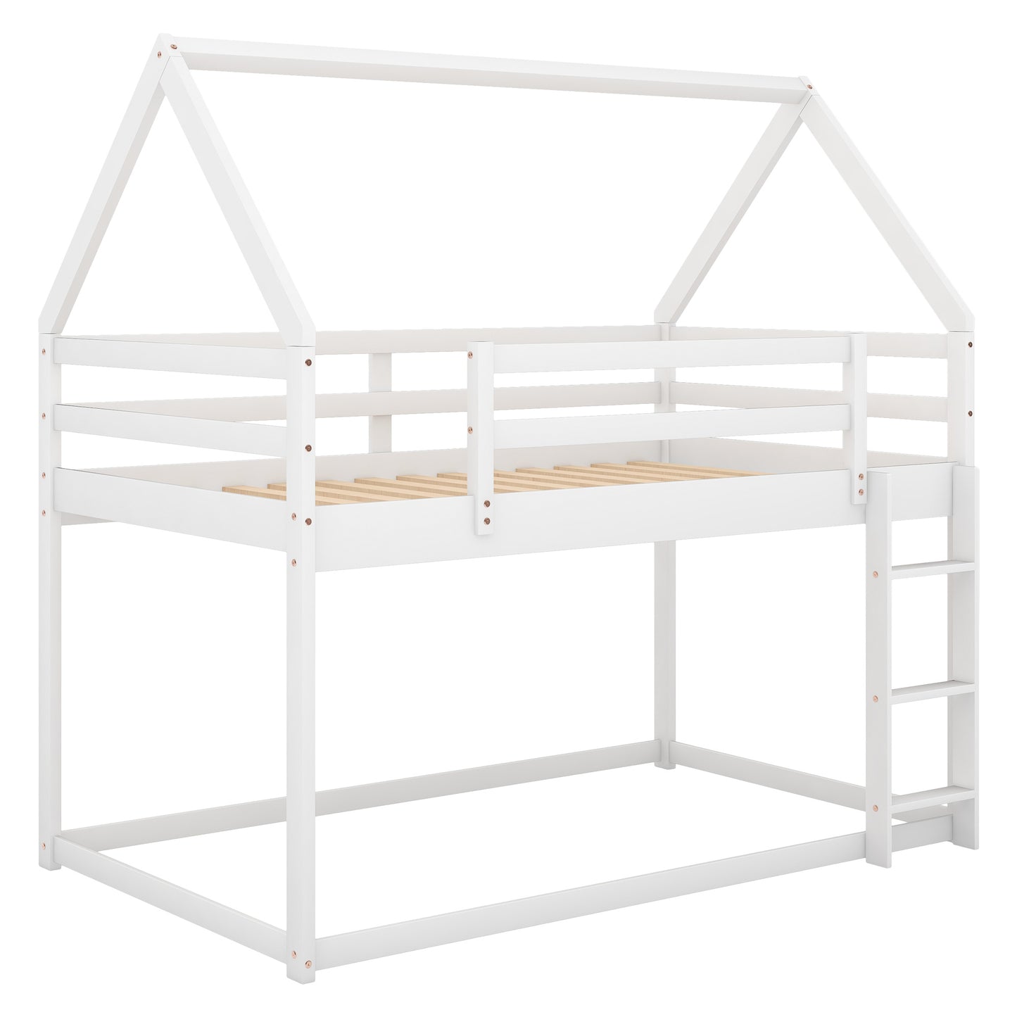 Twin over Twin Low Bunk Bed, House Bed with Ladder , White