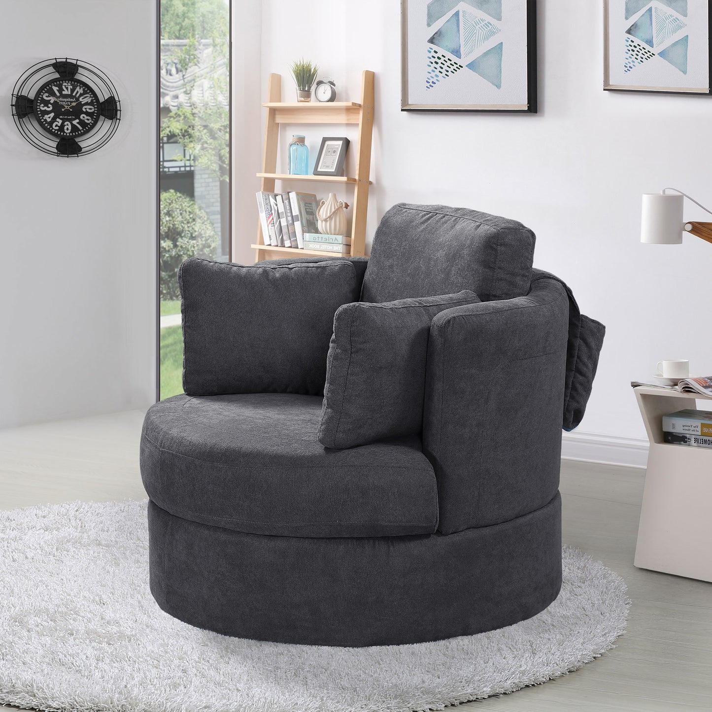 New Swivel Accent Barrel Modern Sofa Lounge Club Round Chair Linen Fabric for Living Room Hotel with 3 Pillows and storage