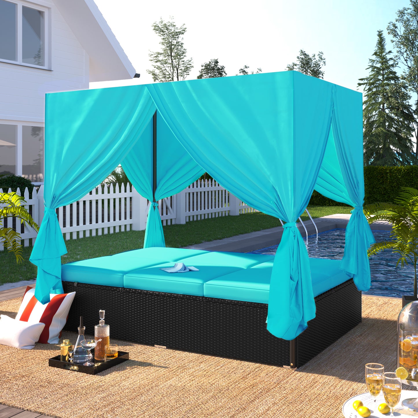 Outdoor Patio Wicker Sunbed Daybed with Cushions, Adjustable Seats