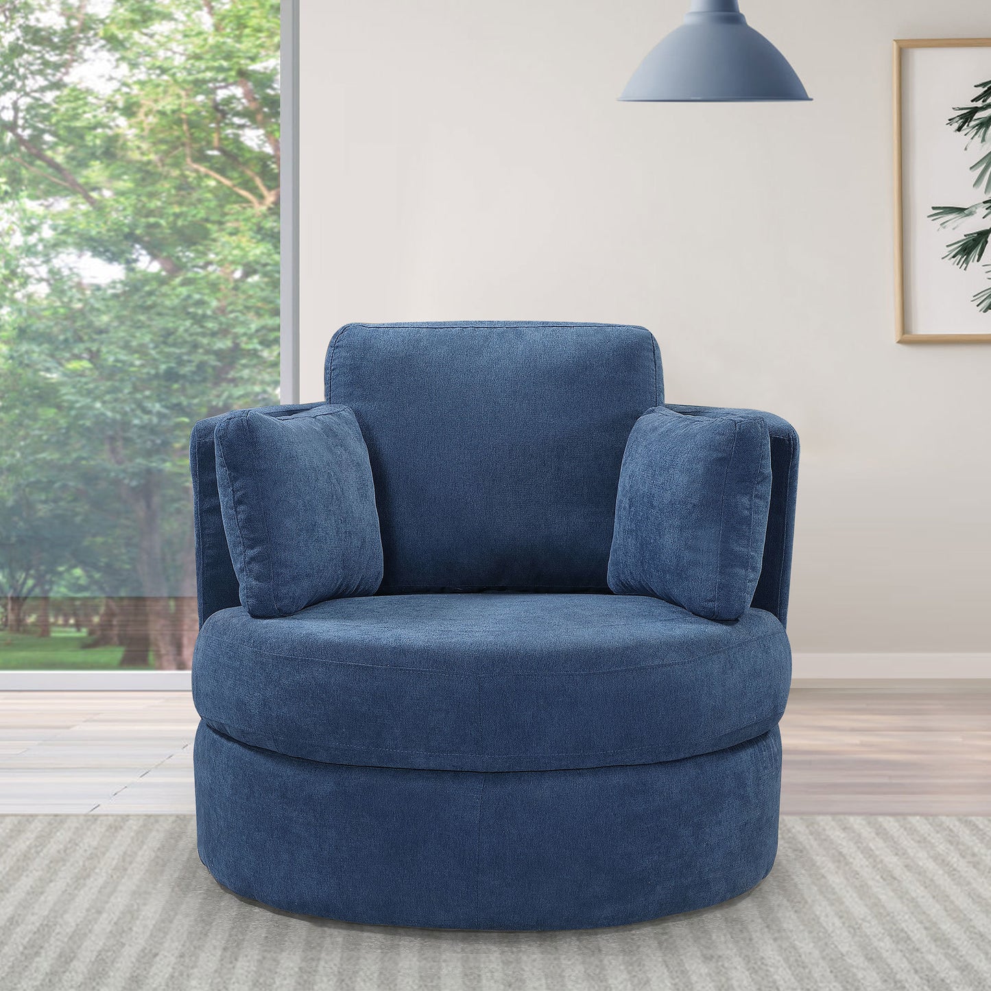 New Swivel Accent Barrel Modern Sofa Lounge Club Round Chair Linen Fabric for Living Room Hotel with 3 Pillows and storage