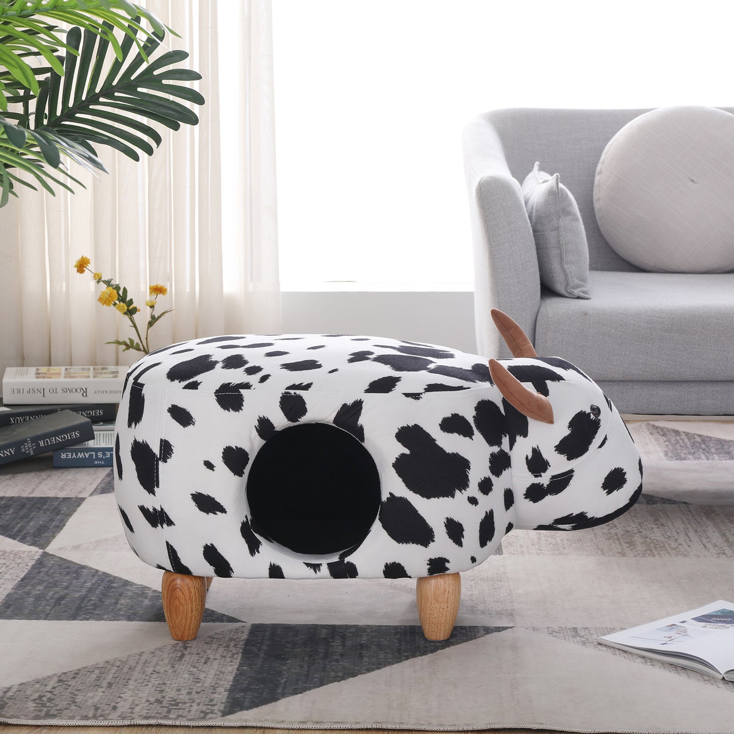 Animal storage stool for kids, ottoman bedroom furniture, cow style kids footstool, cartoon chair with solid wood legs, decorative footstool for office, bedroom, playroom, living room