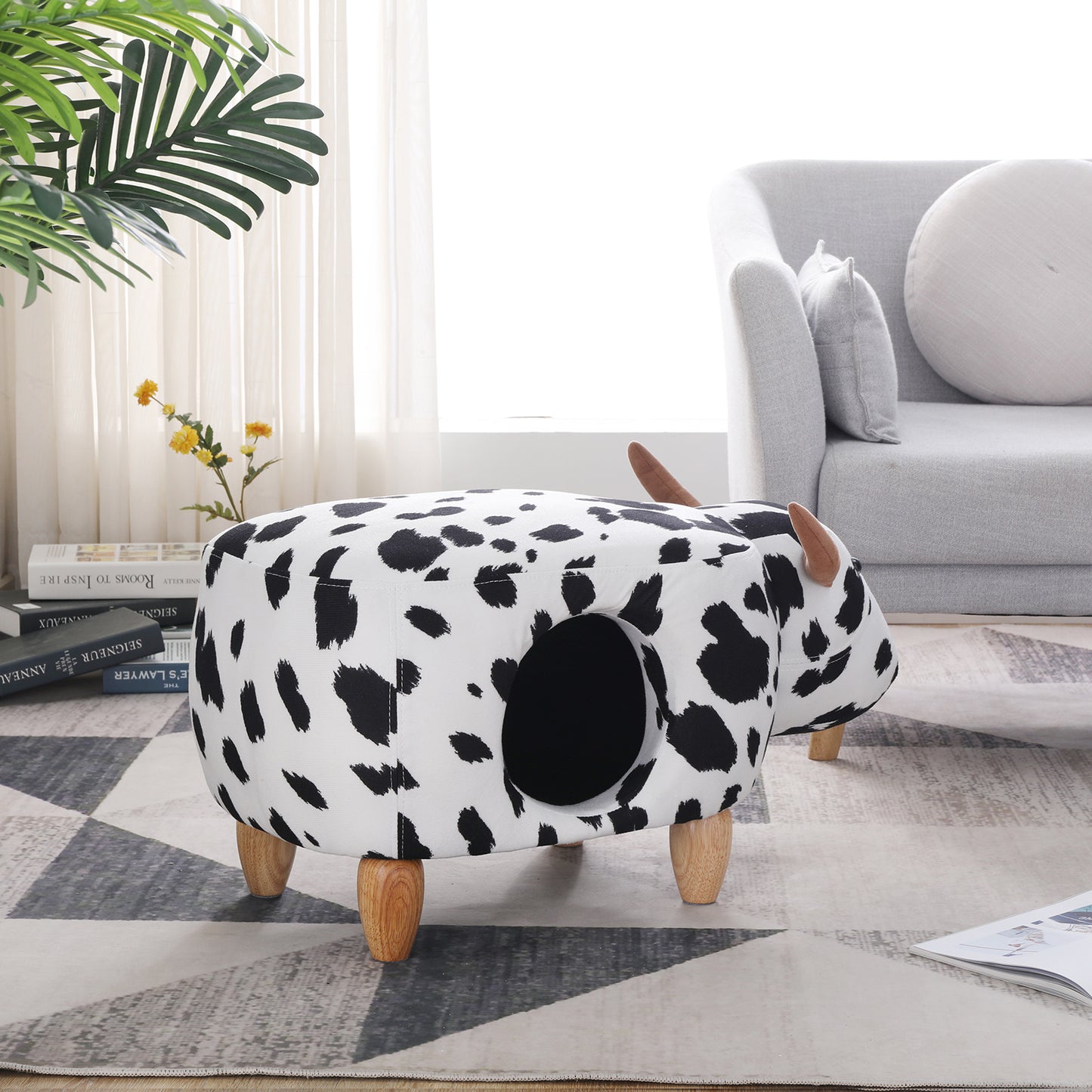 Animal storage stool for kids, ottoman bedroom furniture, cow style kids footstool, cartoon chair with solid wood legs, decorative footstool for office, bedroom, playroom, living room